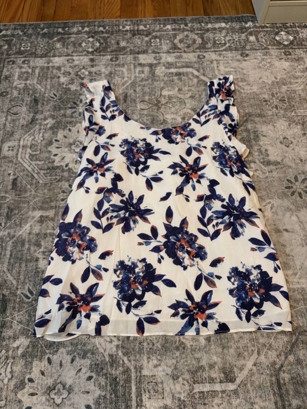 Tribal White Tank with Navy & Orange Floral Design